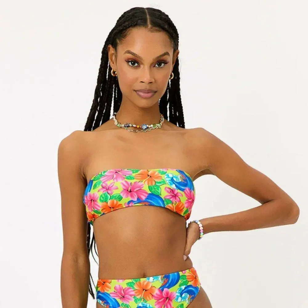 Frankies Bikinis Jean Floral Bandeau Bikini Top - Neon Surfer - L - NWT